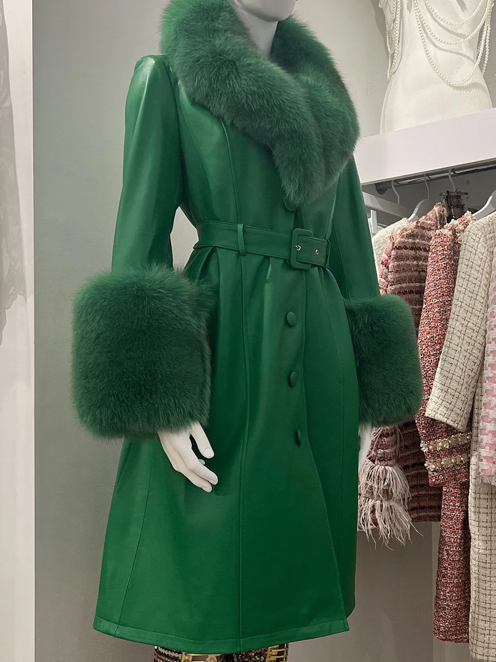 Faux Fur Genuine Leather Coat in Green