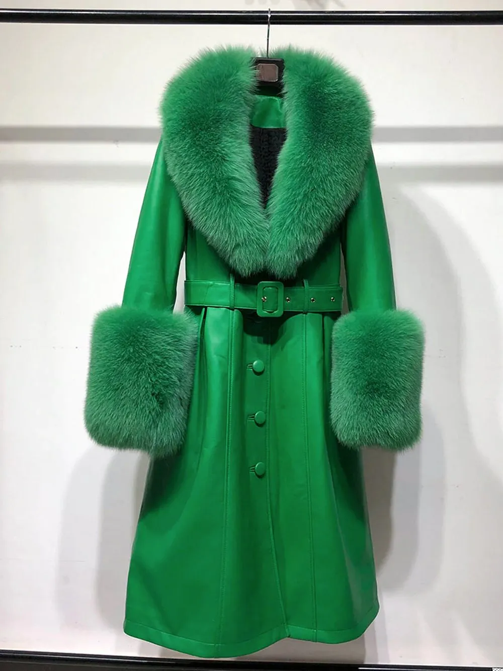 Faux Fur Genuine Leather Coat in Green