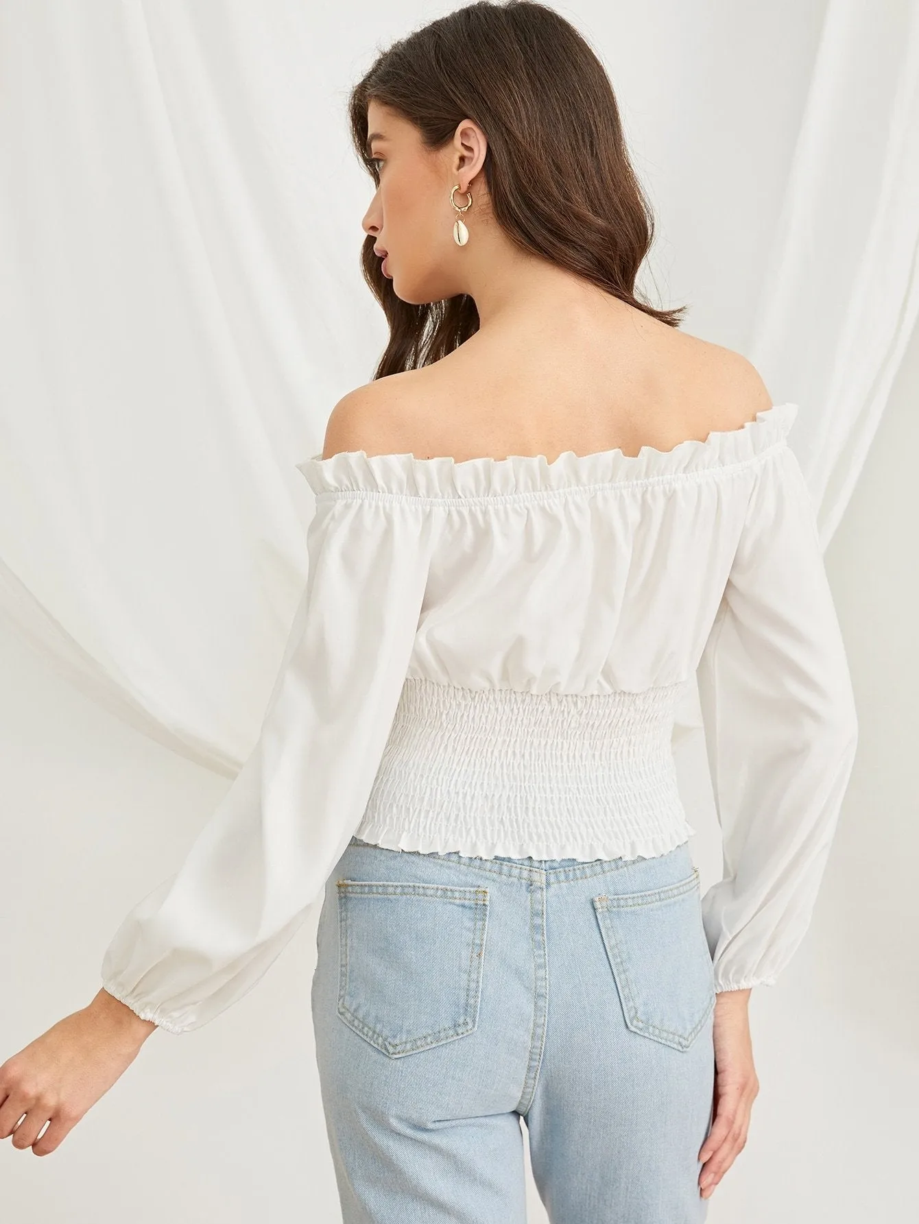 Frill Trim Shirred Waist Bardot Top