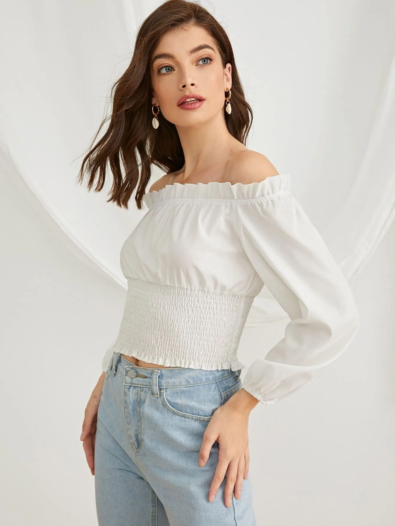 Frill Trim Shirred Waist Bardot Top