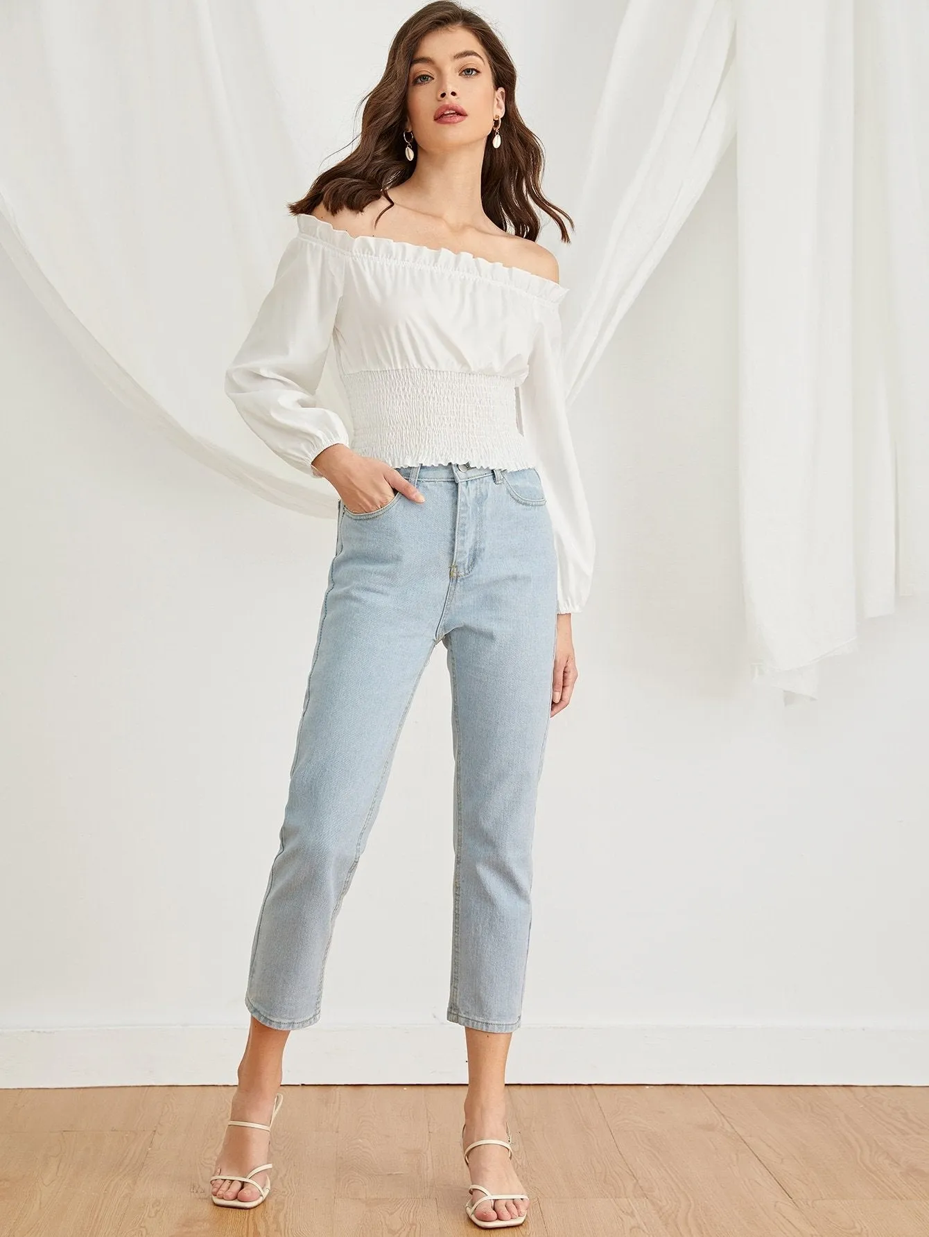 Frill Trim Shirred Waist Bardot Top