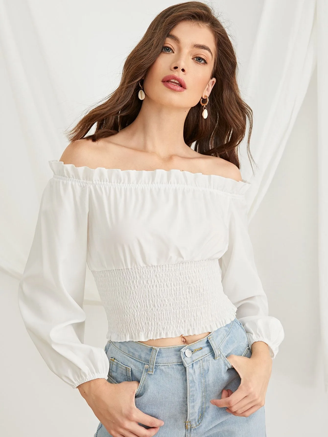 Frill Trim Shirred Waist Bardot Top