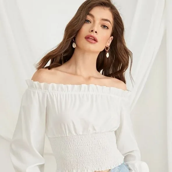 Frill Trim Shirred Waist Bardot Top