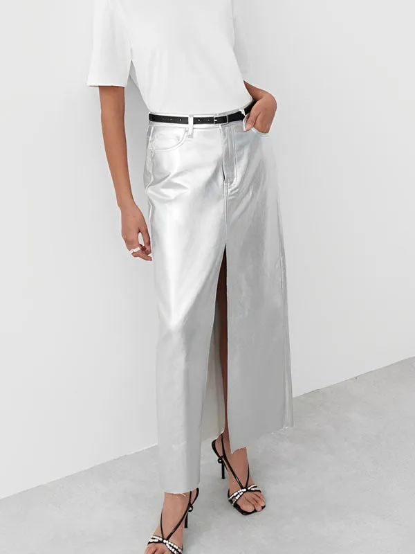 Front Split Silver Color Leather Midi Skirt