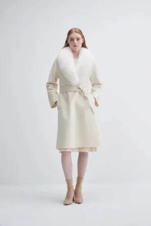 Fur Shawl Collar Cashmere Coat Ivory