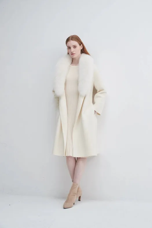 Fur Shawl Collar Cashmere Coat Ivory