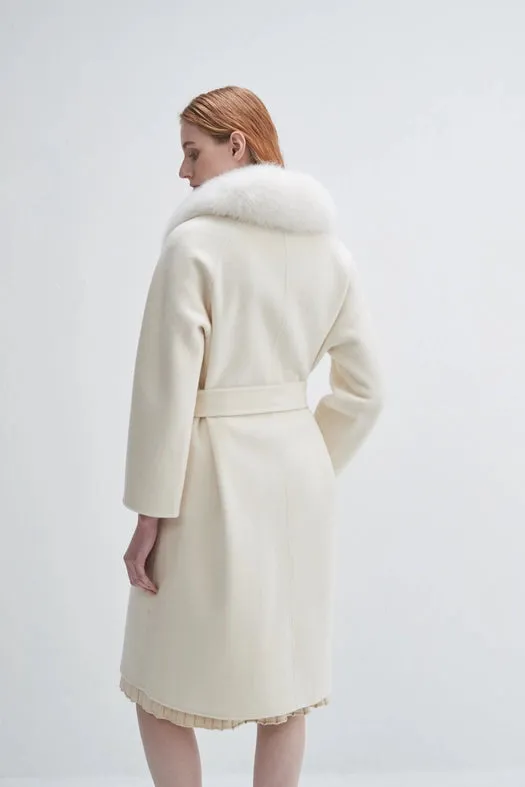 Fur Shawl Collar Cashmere Coat Ivory