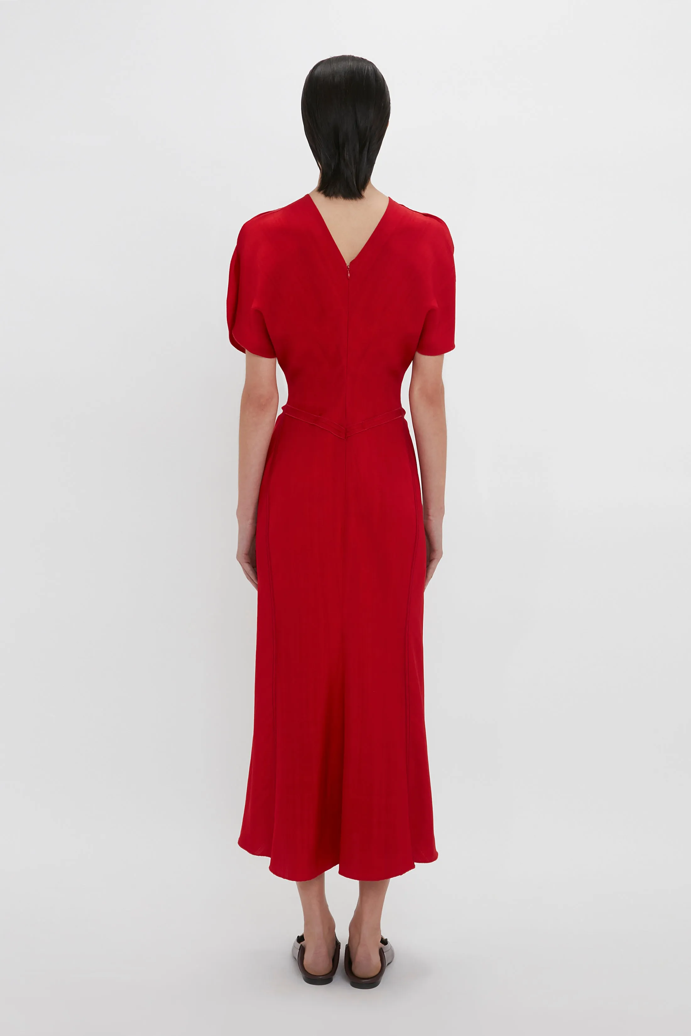 Gathered Waist Midi Dress In Carmine