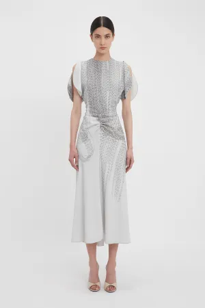 Gathered Waist Midi Dress In Grey Mist-Silver Chain Print