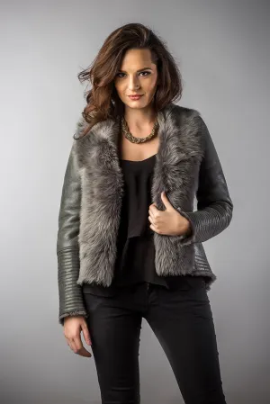 Gray Lamb Nappa Leather Jacket with Merino Fur Collar