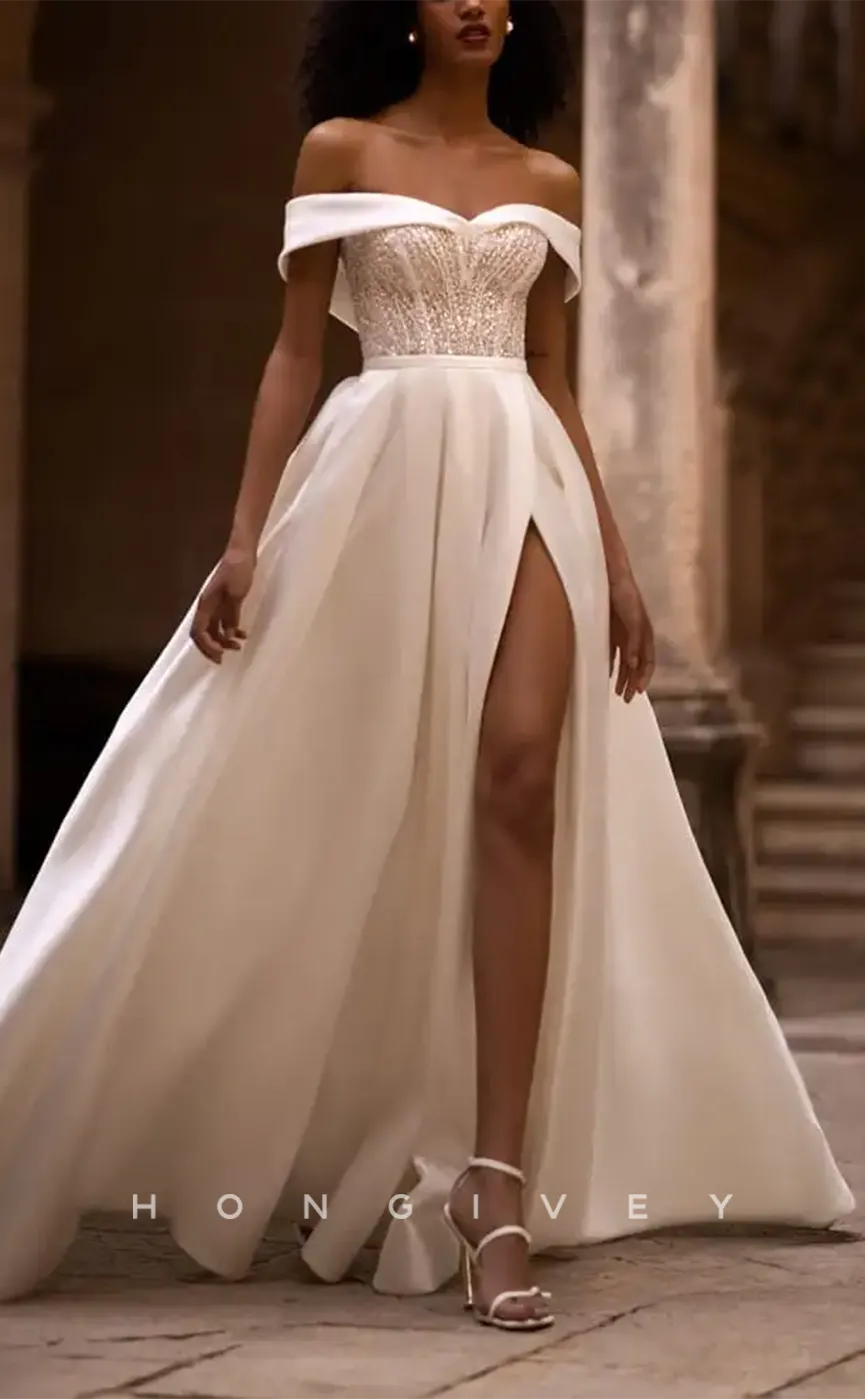 H1172 - Sexy Satin A-Line Off-Shoulder Appliques Empire With Side Slit Train Wedding Dress