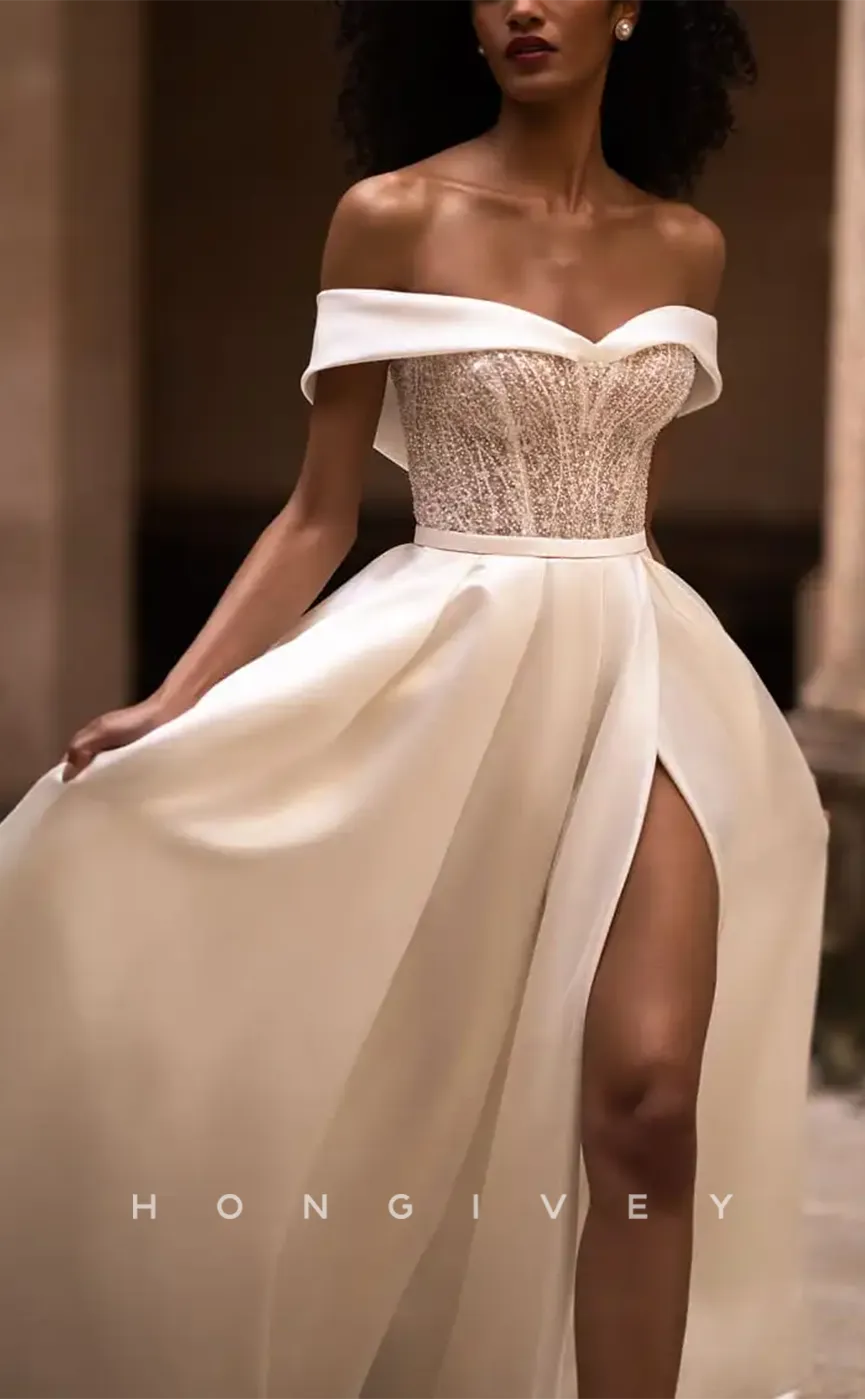 H1172 - Sexy Satin A-Line Off-Shoulder Appliques Empire With Side Slit Train Wedding Dress