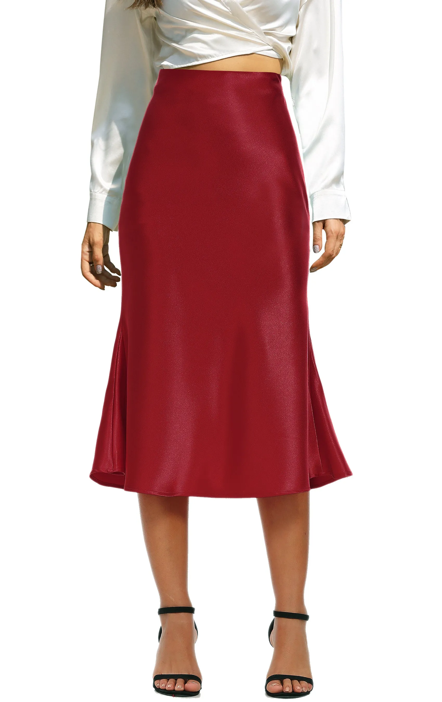 High Waist Silky Satin Fishtail Midi Skirt Wine