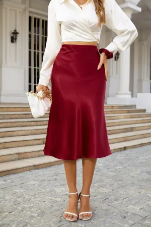 High Waist Silky Satin Fishtail Midi Skirt Wine