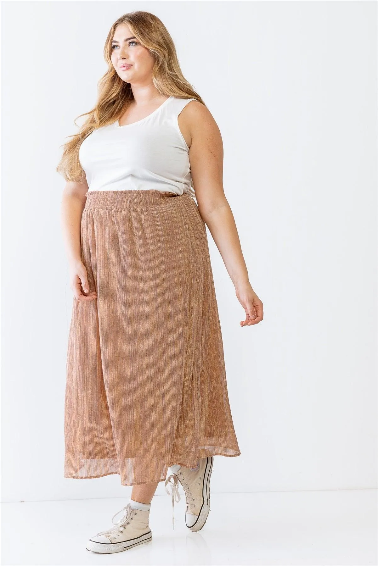 Junior Plus Rose & Gold Shiny String Elasticized High Waist Midi Skirt /3-2-1