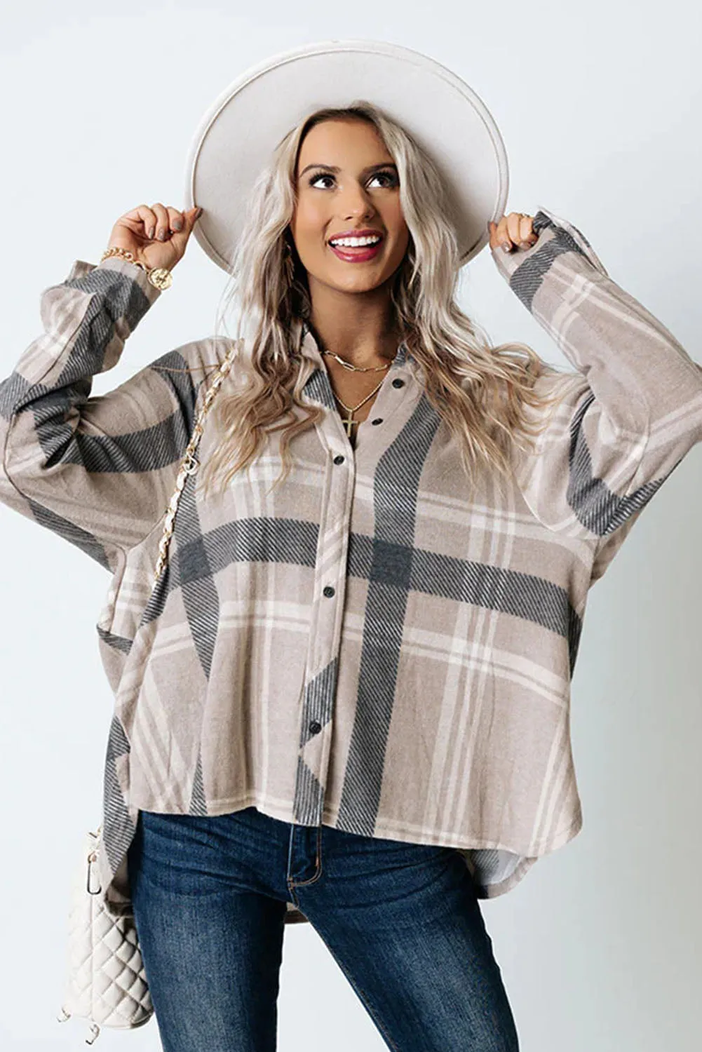 Khaki High Low Brushed Plaid Oversize Shacket