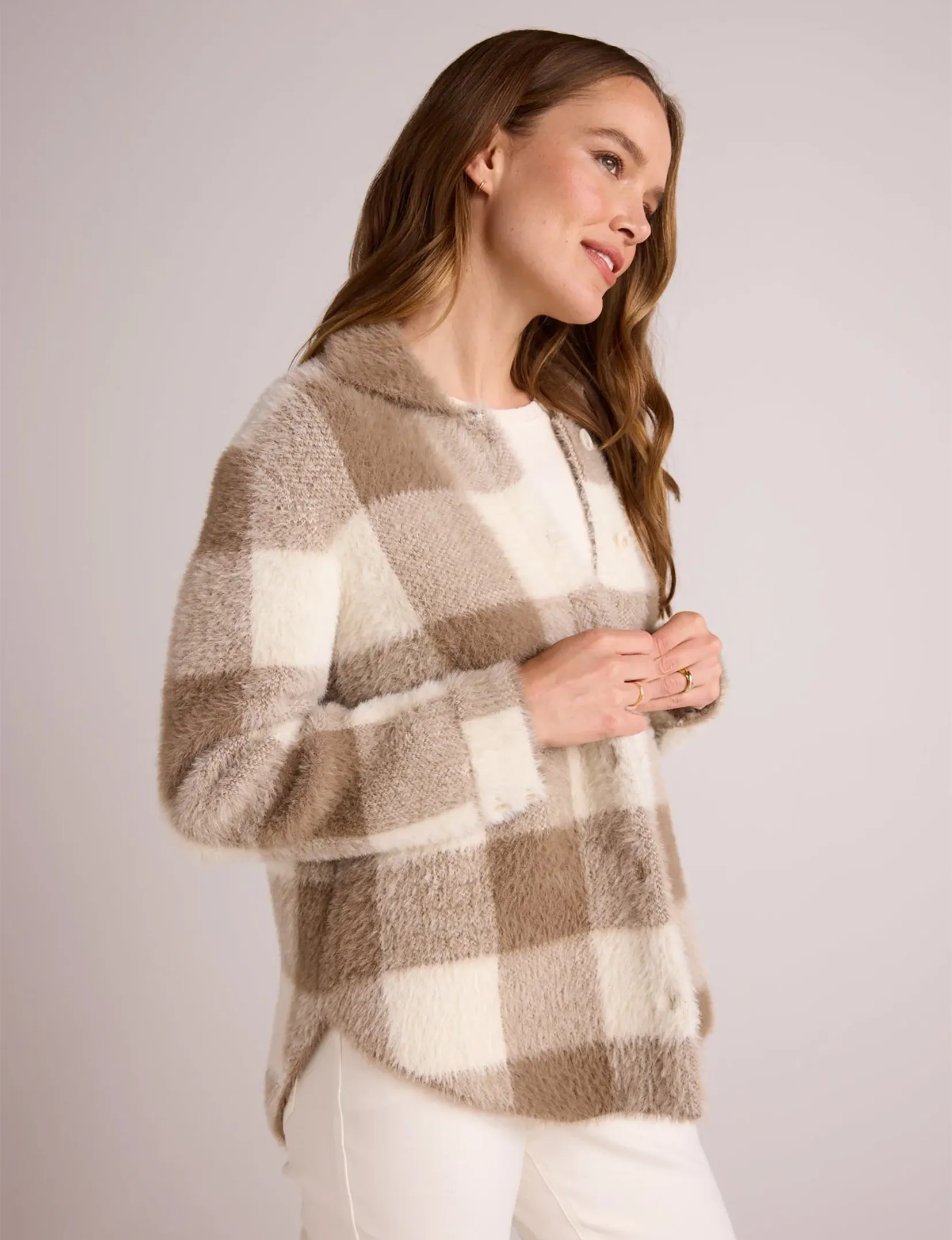 Knitted Fuzzy Shacket, Ivory/Fawn