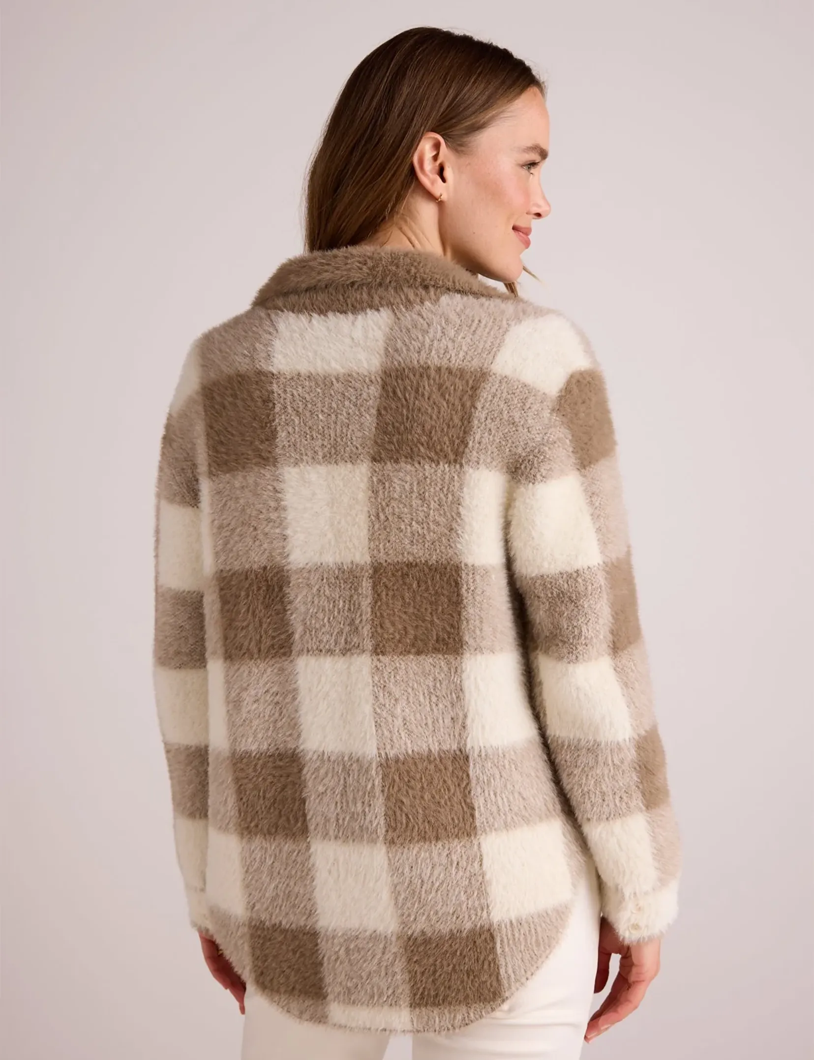 Knitted Fuzzy Shacket, Ivory/Fawn