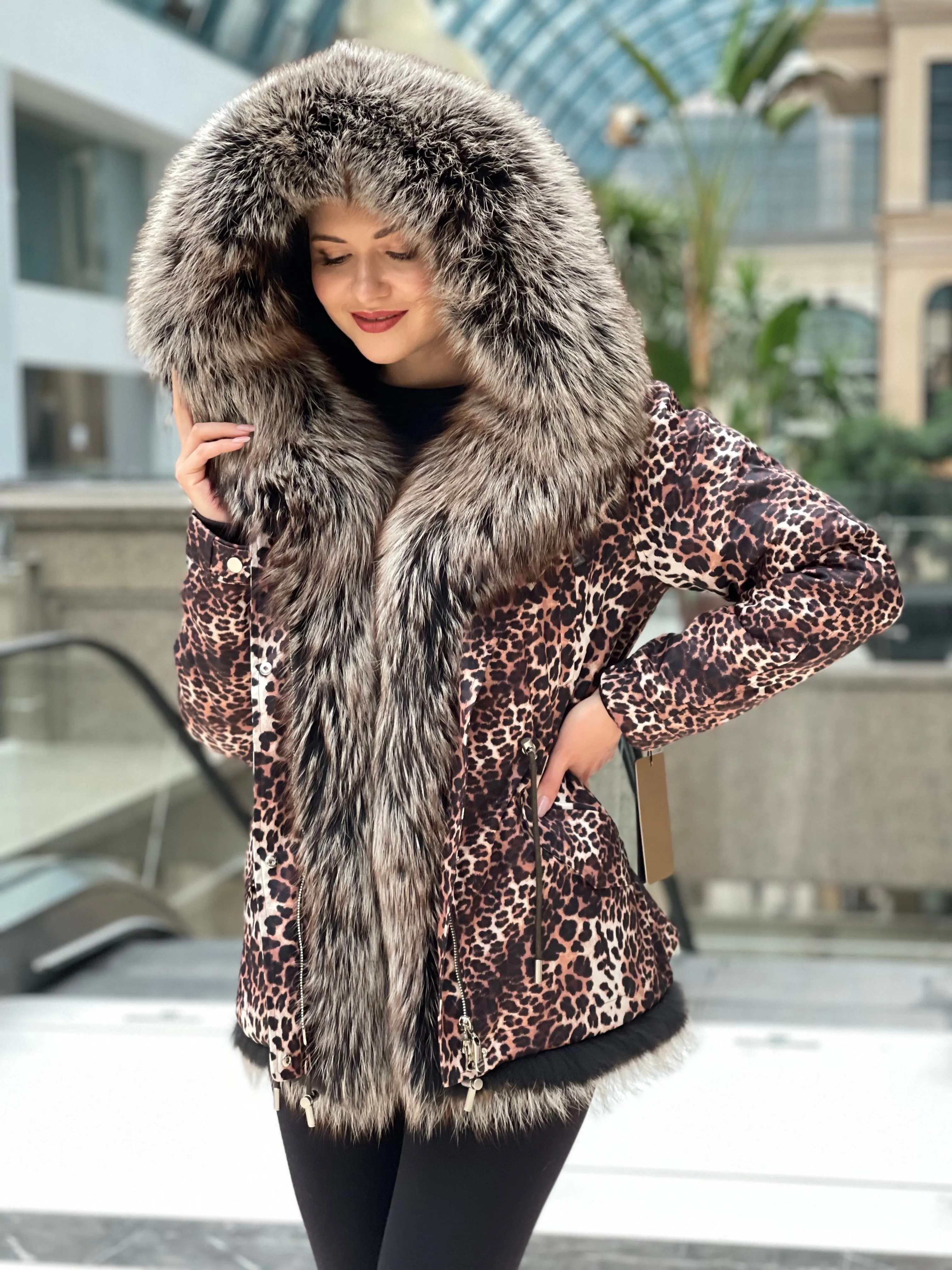 Leopard Genuine Silver Fox Fur Parka with Rabbit Fur Insulation