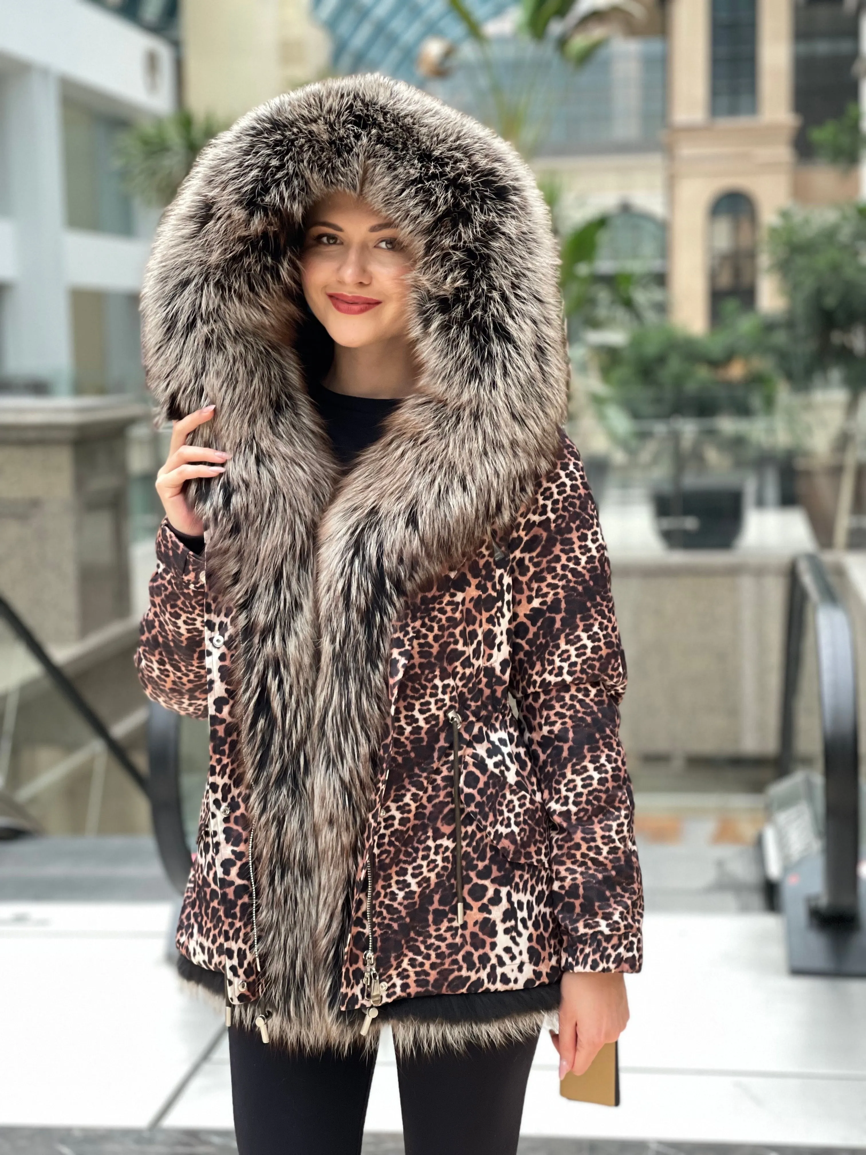 Leopard Genuine Silver Fox Fur Parka with Rabbit Fur Insulation