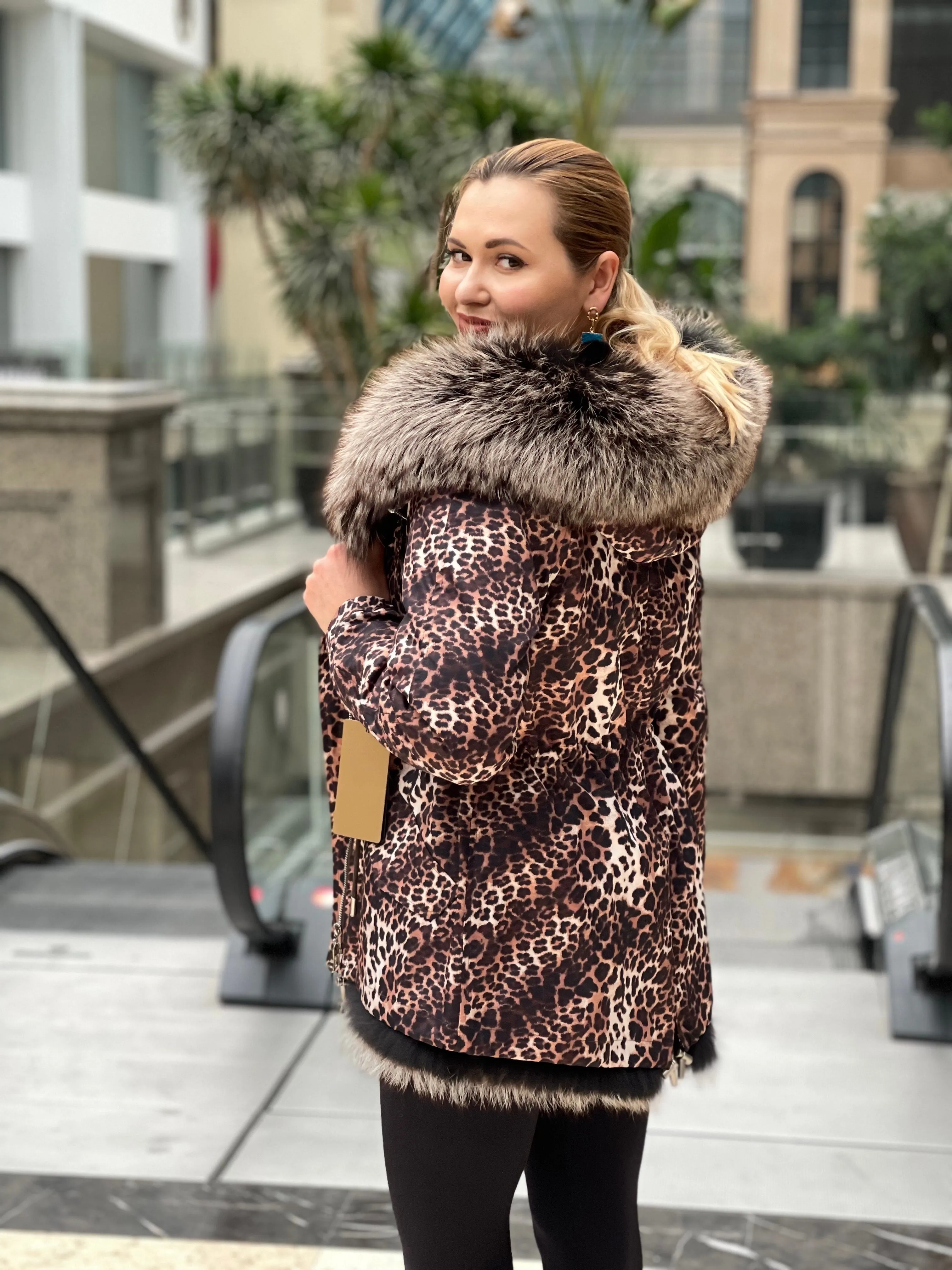 Leopard Genuine Silver Fox Fur Parka with Rabbit Fur Insulation