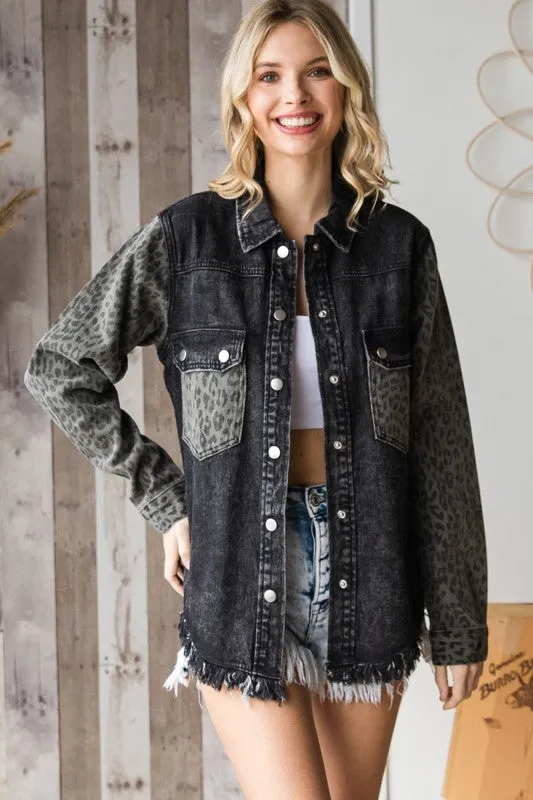 Leopard Splice Black Denim Jacket