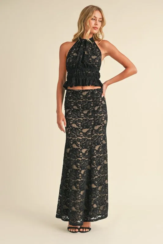 Margot Sleeveless Lace Halter Top And Maxi Skirt Set Black