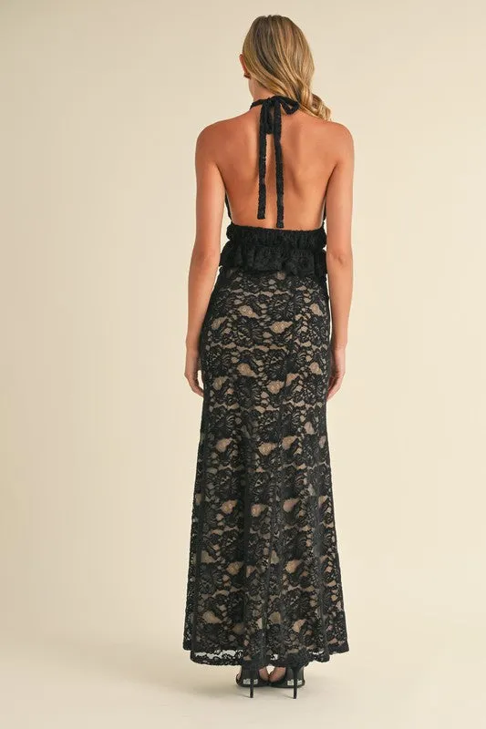 Margot Sleeveless Lace Halter Top And Maxi Skirt Set Black