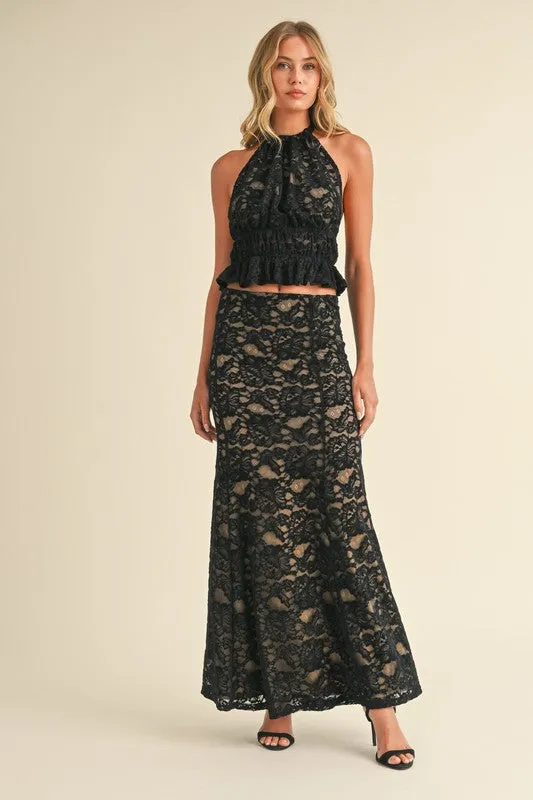 Margot Sleeveless Lace Halter Top And Maxi Skirt Set Black