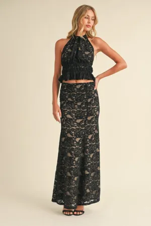 Margot Sleeveless Lace Halter Top And Maxi Skirt Set Black