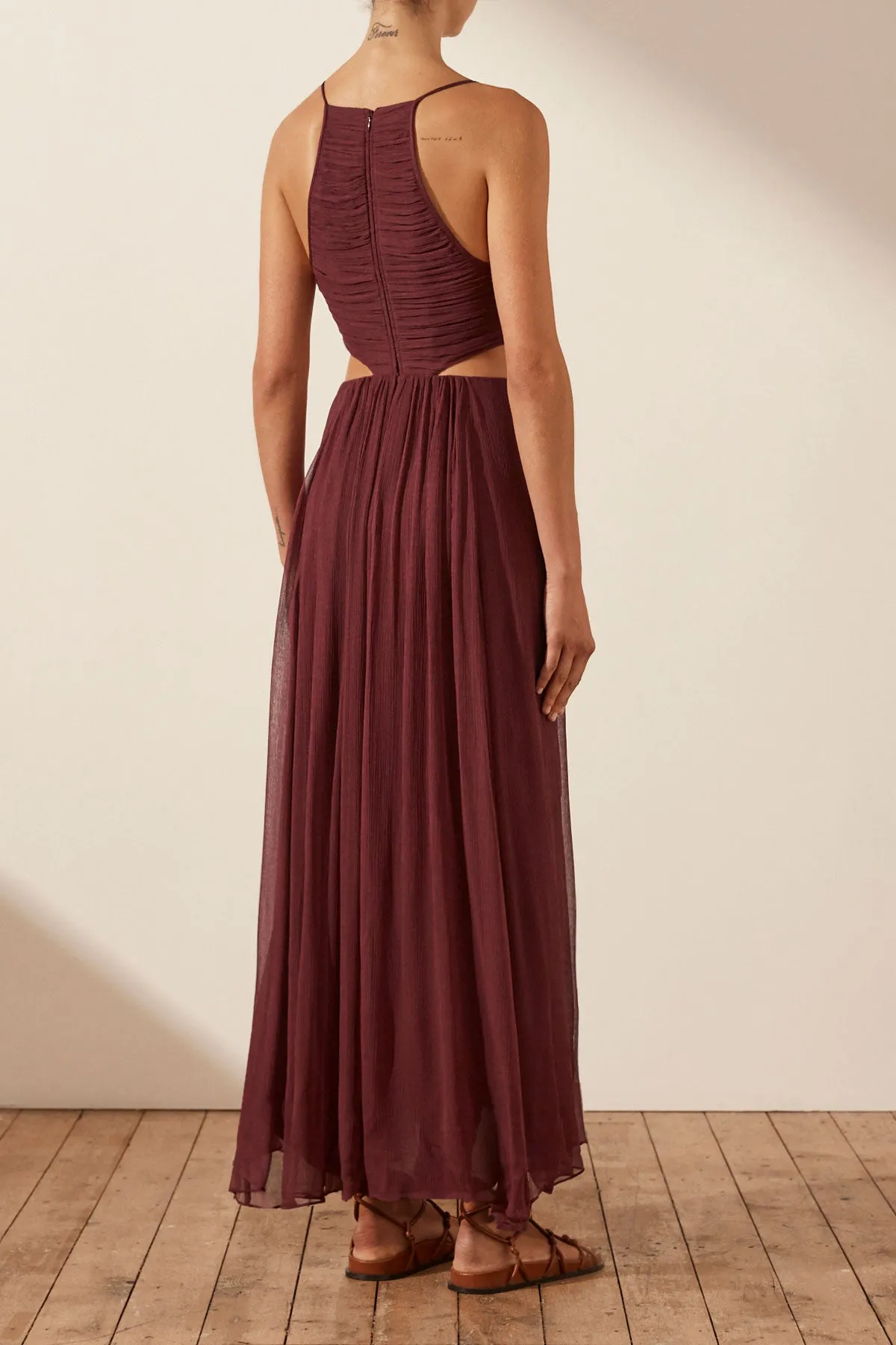 MARQUIS RUCHED CUT OUT MIDI DRESS - DEEP WINE