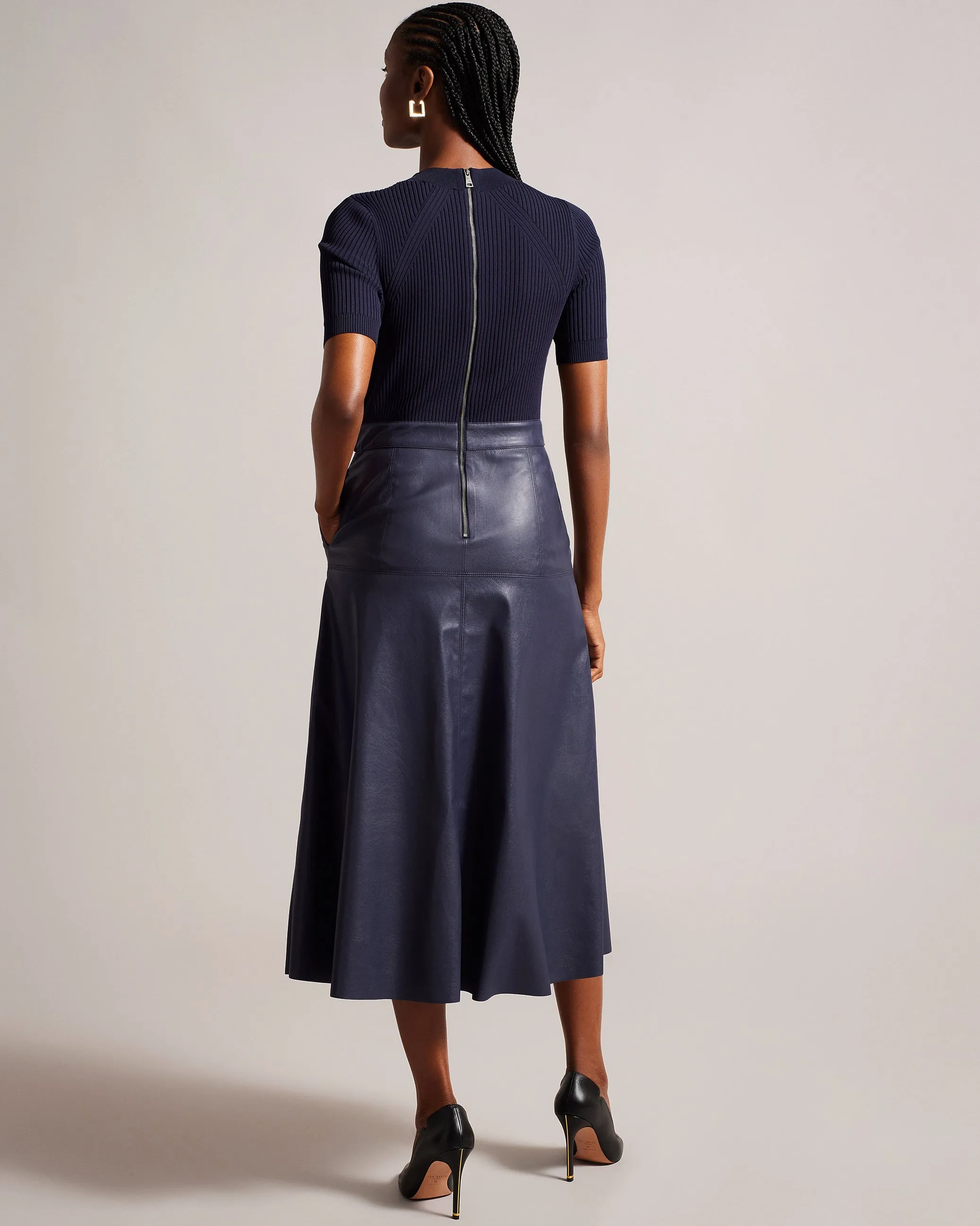 Matiar Knit And Faux Leather Midi Dress Dk-Blue