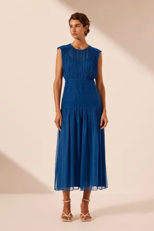 MAYA RUCHED SLEEVELESS MIDI DRESS - STRONG BLUE