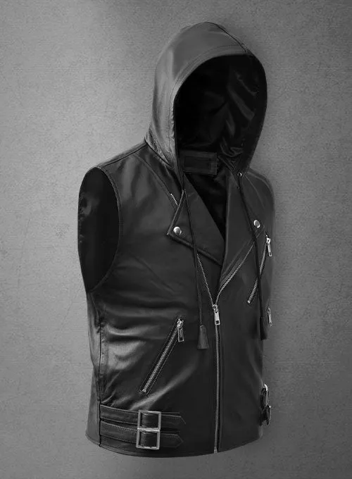 Men’s Black Leather Biker Hooded Vest