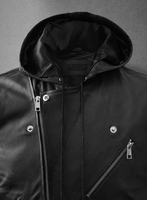 Men’s Black Leather Biker Hooded Vest