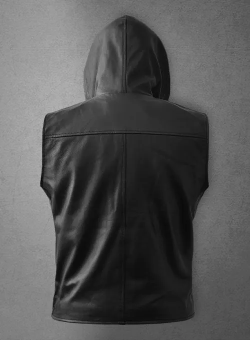 Men’s Black Leather Biker Hooded Vest