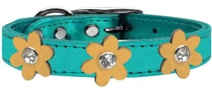 Metallic Flower Leather Collar Metallic Turquoise With Gold Flowers Size 14