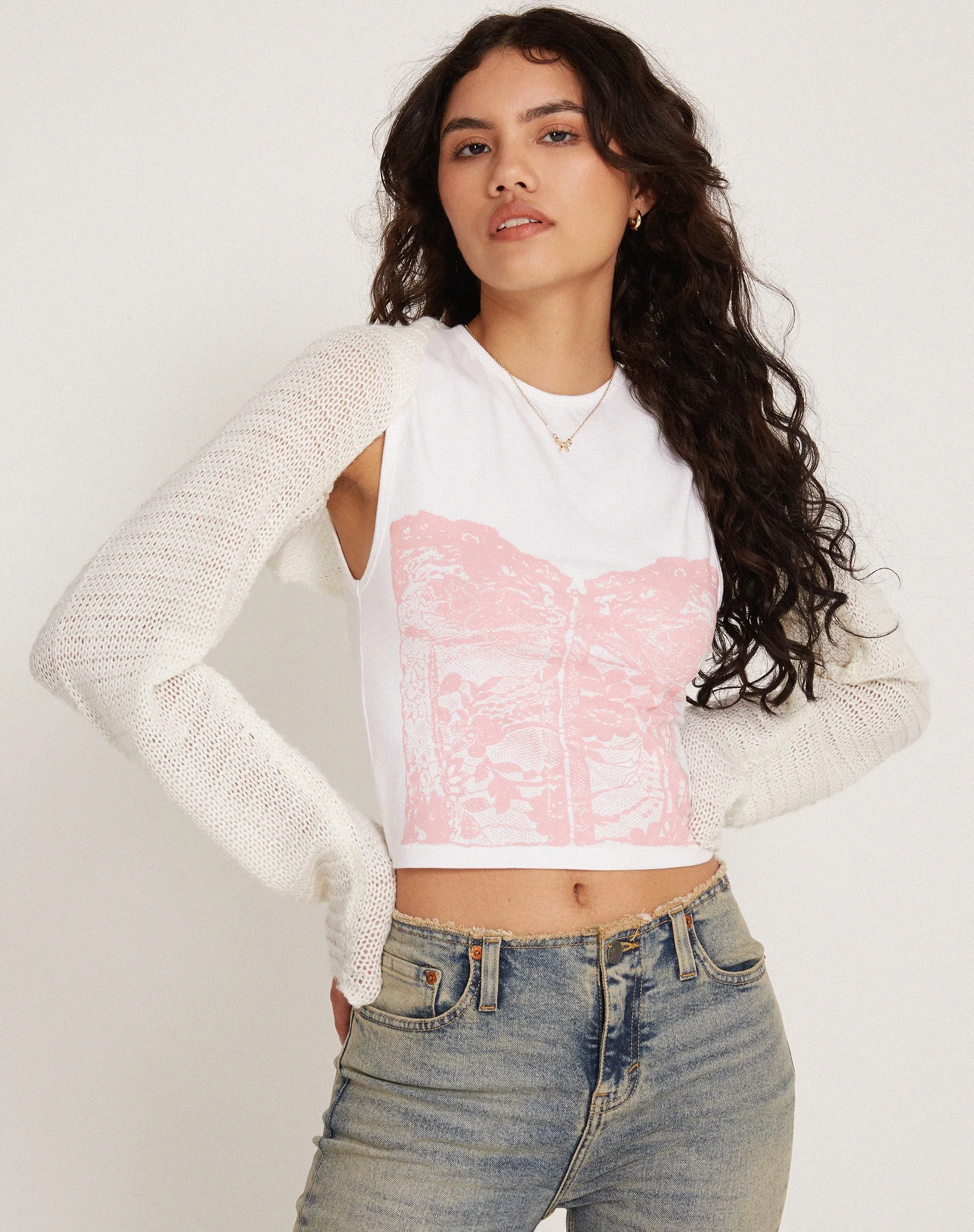 Monlo Vest Top in White Pink Corset Print