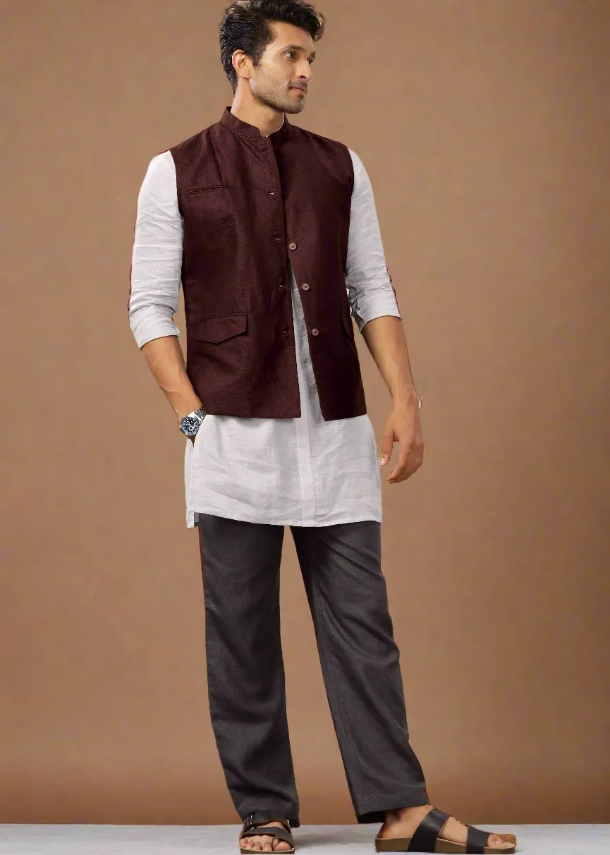 Nehru Pure Linen Jacket |  Maroon