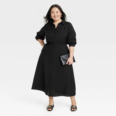 New - Women's Long Sleeve Collared Midi Crepe Shirtdress - A New Day Black 4X