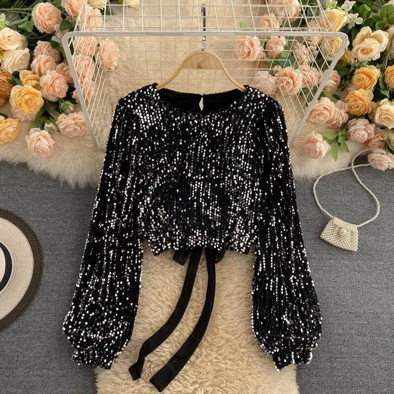 Open Back Long Sleeve Sequin Top