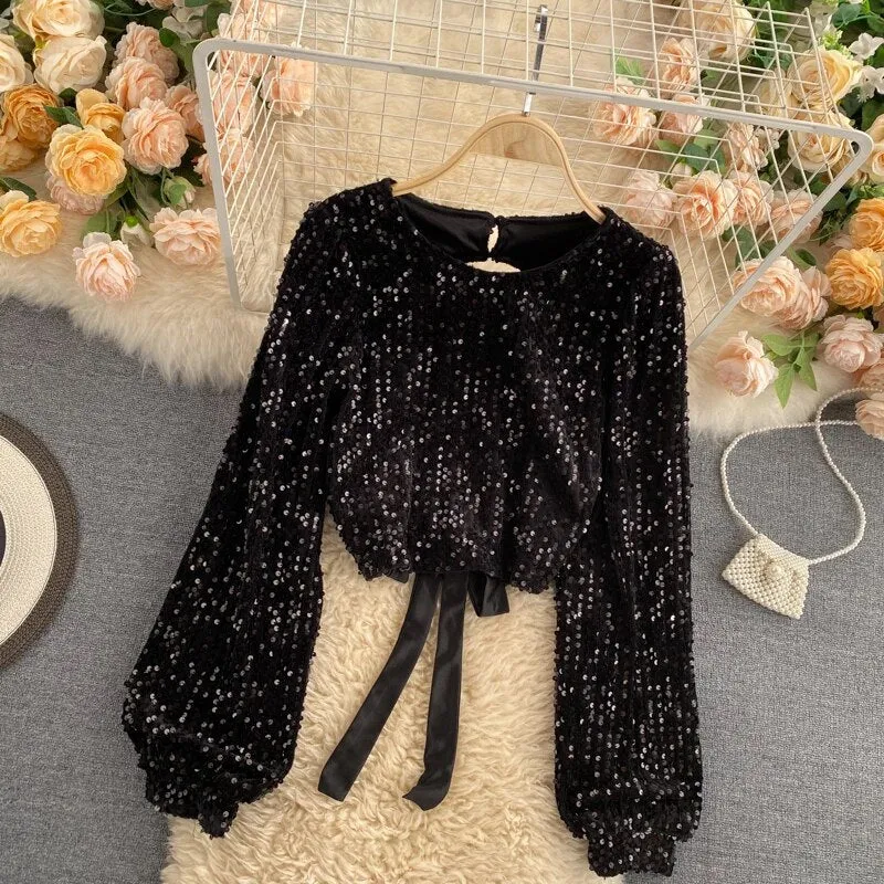 Open Back Long Sleeve Sequin Top