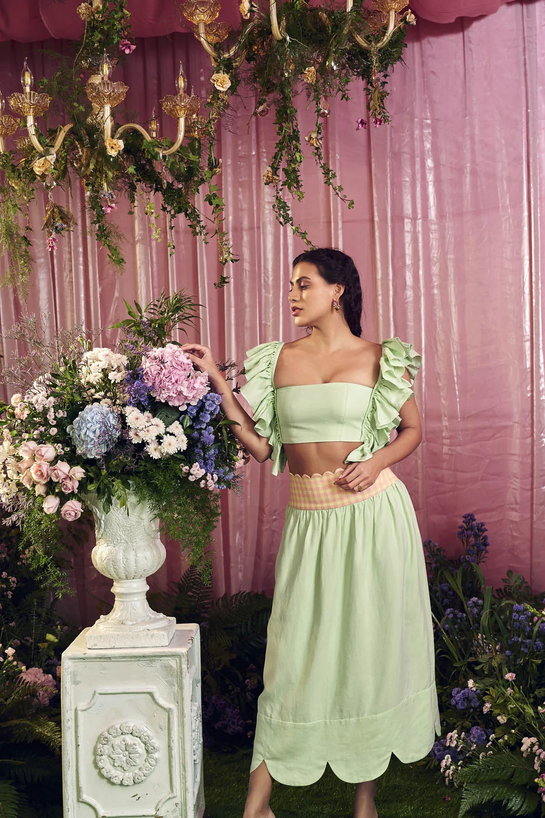 Pastel Mint Ruffled Sleeve Crop Top And Skirt Co Ord