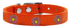 Pink Daisy Widget Genuine Leather Dog Collar Orange 26