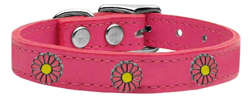 Pink Daisy Widget Genuine Leather Dog Collar Pink 20