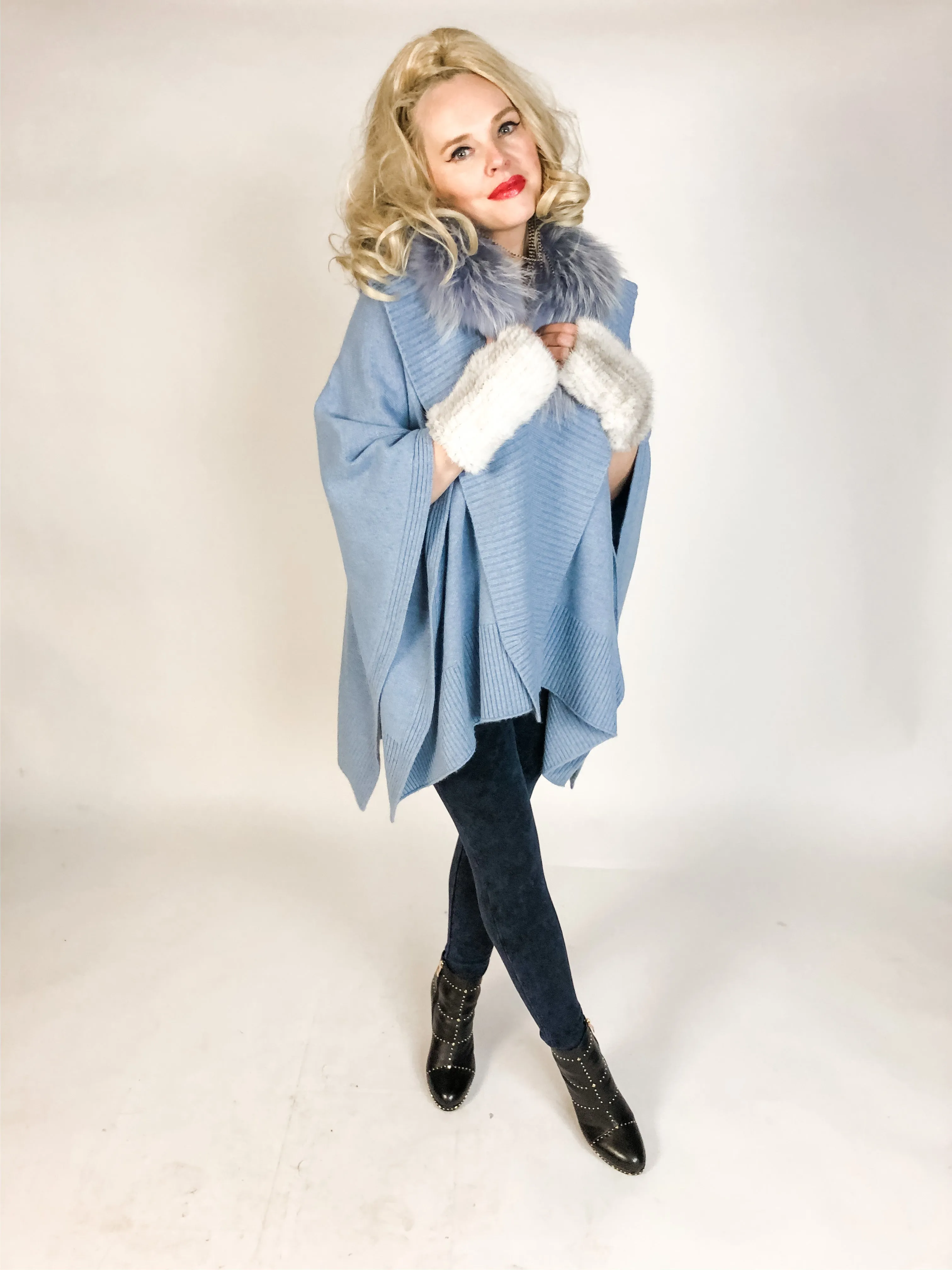 Premium Cashmere Cape with Fur Collar