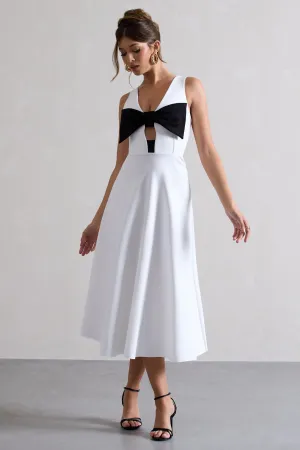 Primrose | White Plunge-Neck Midi Dress With Black Bow