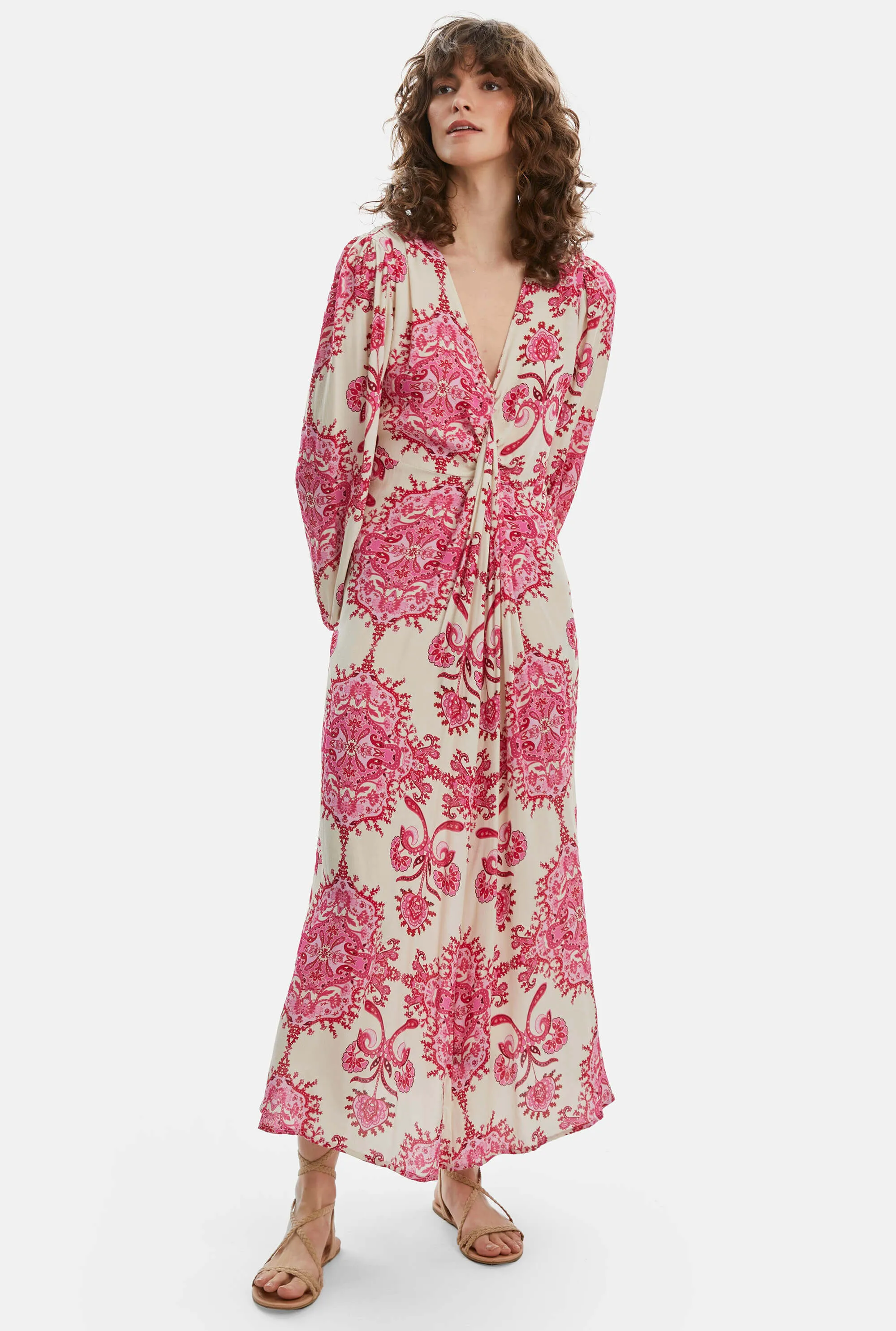 Printed Knot Midi Dress Pink