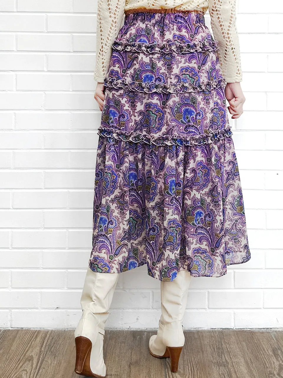 Purple Paisley Ruffle Tiers Chiffon Airy Maxi Skirt