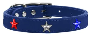 Red, White And Blue Star Widget Genuine Leather Dog Collar Blue 10